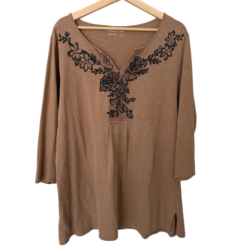 Coldwater Creek Womens‎ Brown Beaded Floral 3/4 Sleeve Tunic Top Size 1X